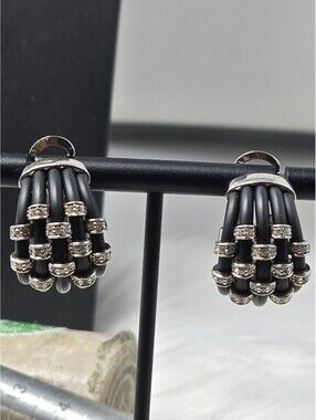 Belle Etoile 925 Sterling Black Rubber CZ Huggie Earrings